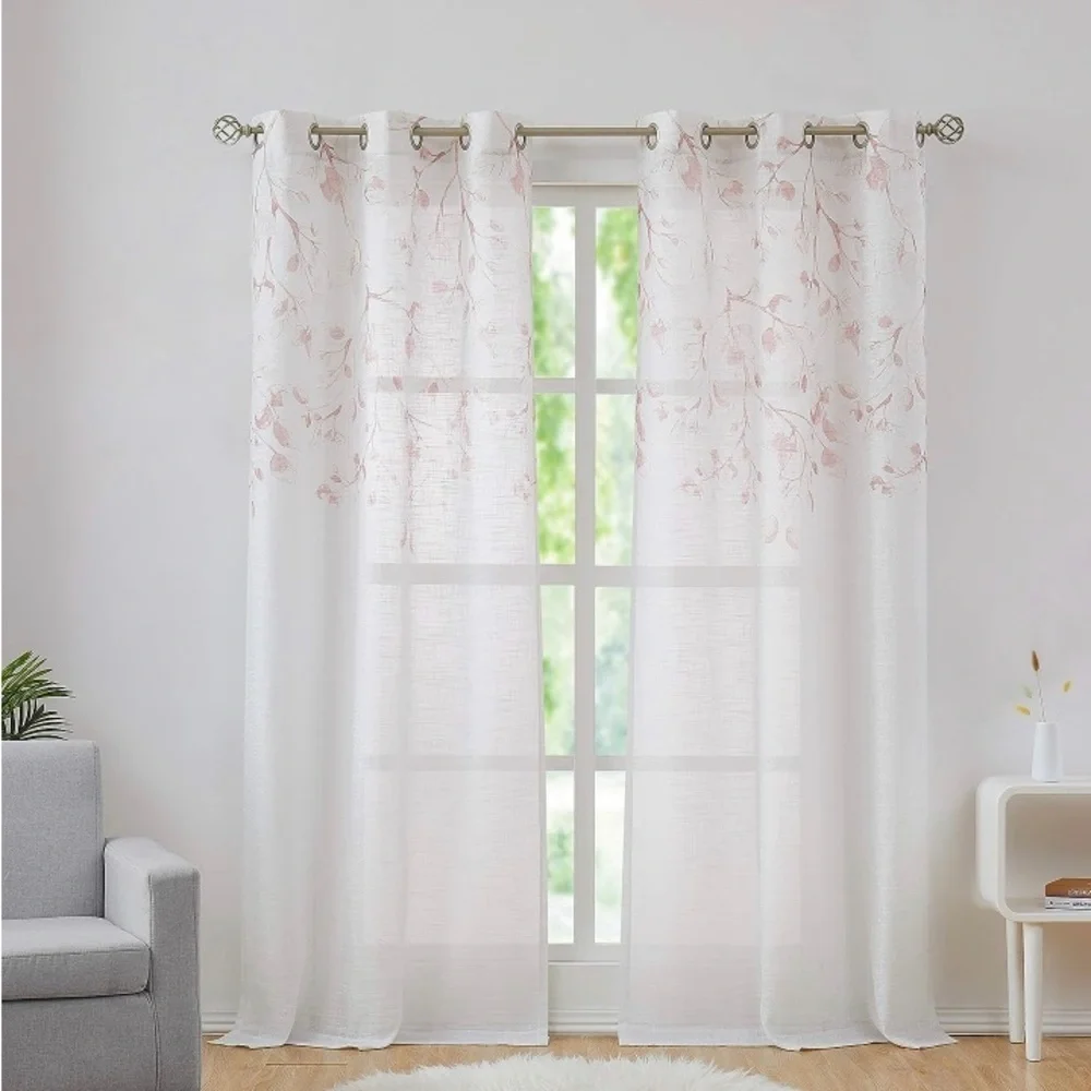 Central Park Leaf Floral Print Metallic Sheer Linen Curtain Panel 40